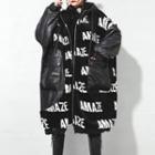 Lettering Panel Quilted Hooded Zip-up Long Coat Black - One Size