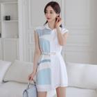 Sleeveless Two-tone Mini A-line Shirtdress