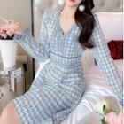Houndstooth V-neck Mini A-line Knit Dress