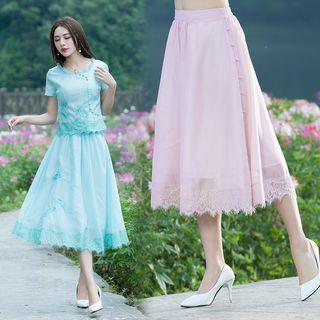 Lace Trim Embroidered Midi A-line Skirt