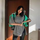V-neck Slit-side Striped T-shirt Black - One Size