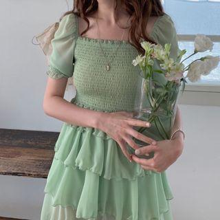 Ruched Short-sleeve Layered Chiffon Dress Mint Green - One Size