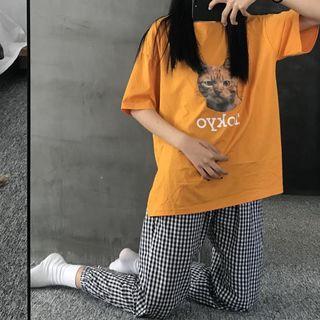 Set : Cat Print Short-sleeve T-shirt + Plaid Pants