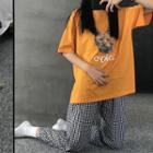 Set : Cat Print Short-sleeve T-shirt + Plaid Pants