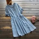 Short-sleeve Denim Midi A-line Dress Denim Blue - One Size