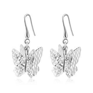 14k Italian White Gold Diamond Cut 3d Butterfly Dangle Drop Fishhook Earrings