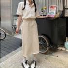 Short-sleeve Lace Shirt / Denim Midi Pencil Skirt