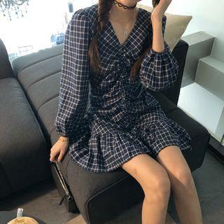 Plaid Long-sleeve Mini A-line Dress Blue - One Size