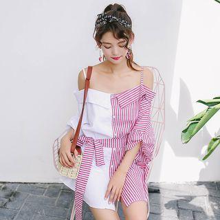 Striped Panel Off Shoulder 3/4 Sleeve Dress