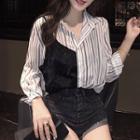 Mock Two-piece Striped Chiffon Long-sleeve Top As Figure - One Size