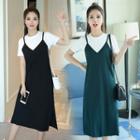 Set : Spaghetti Strap Dress + Short-sleeve T-shirt
