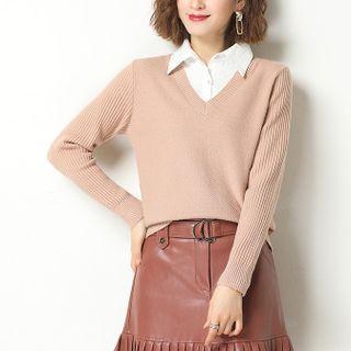 Mock-neck Collared Ribbed Knit Top