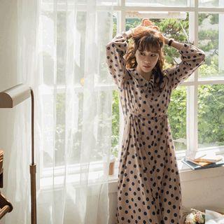 Layered-collar Polka-dot Dress Navy Blue - One Size