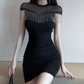 Mesh Panel Fringed Mini Bodycon Dress