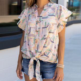Short-sleeve Ruffled Patterned Blouse