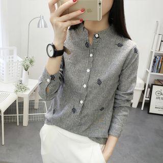 Embroidered Striped Stand Collar Shirt