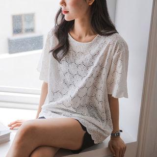 Short-sleeve Eyelet- Lace Top