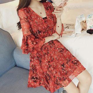 3/4-sleeve Floral Chiffon A-line Mini Dress