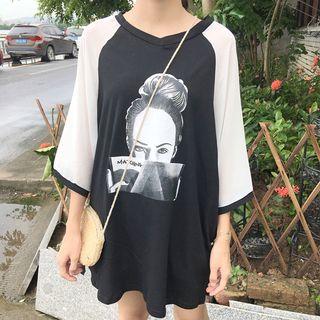 Print Mesh Panel 3/4-sleeve T-shirt