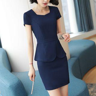 Set: Pencil Skirt / Dress Pants + Short-sleeve Ruffle Hem Blouse