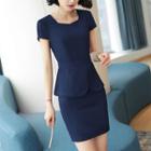 Set: Pencil Skirt / Dress Pants + Short-sleeve Ruffle Hem Blouse