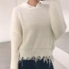 Distressed Long-sleeve Hooded Cropped Knit Top