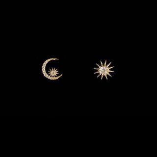 Non-matching Rhinestone Sun Moon & Star Earring 1 Pair - S925 Silver Stud Earrings - Gold - One Size