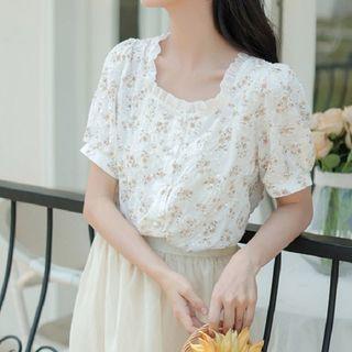 Short-sleeve Floral Print Frill Trim Blouse Floral - White - One Size