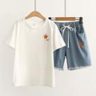 Short-sleeve Maple Embroidered T-shirt / Denim Shorts / Wide-leg Jeans