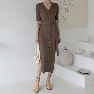 V-neck Maxi Cardigan Dress With Sash