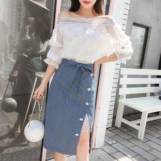 Set: Sequined Off-shoulder Top + Striped A-line Skirt