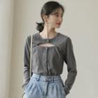 Long-sleeve Cutout Button-up Top Gray - One Size
