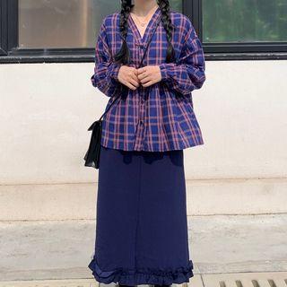 Long-sleeve Plaid V-neck Top / Midi A-line Skirt