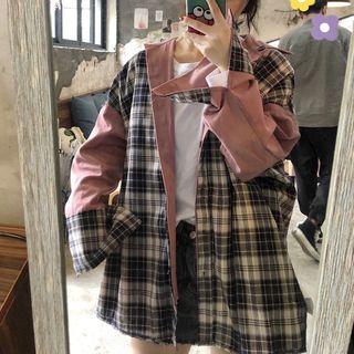 Mock Two-piece Plaid Panel Cargo Jacket