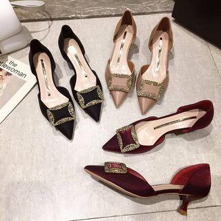Rhinestone Buckle Dorsay Kitten Heel Pumps