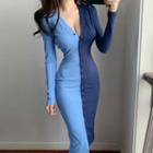 Long-sleeve V-neck Two-tone Button-up Sheath Dress
