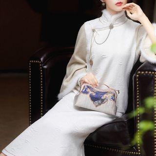 Bell-sleeve Fluffy Trim Midi A-line Qipao Dress