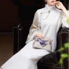 Bell-sleeve Fluffy Trim Midi A-line Qipao Dress
