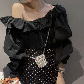 Puff-sleeve Plain Blouse / Dotted Midi Skirt