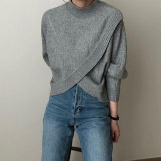 Mock Neck Asymmetrical Cross Sweater Gray - One Size