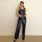 Quilted Faux-leather Wide-leg Jumpsuit