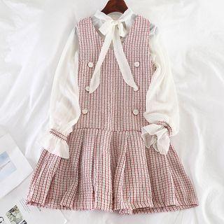 Set: Chiffon Blouse + Sleeveless Plaid Dress
