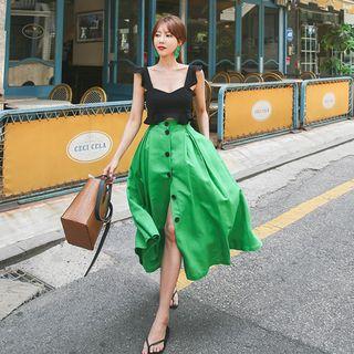 Buttoned Linen Blend A-line Long Skirt