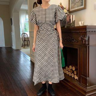 Short-sleeve Plain A-line Dress White & Black - One Size