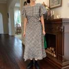 Short-sleeve Plain A-line Dress White & Black - One Size