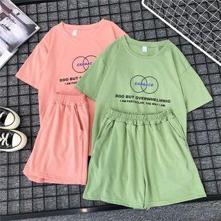Set: Lettering Short-sleeve T-shirt + Band-waist Shorts