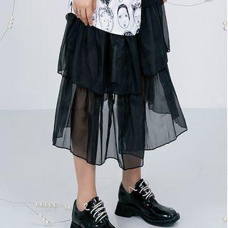 Midi A-line Layered Mesh Skirt Black - One Size