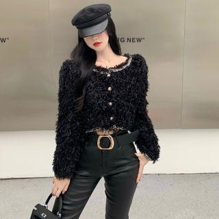 Fluffy Cardigan / Faux Leather Skinny Pants