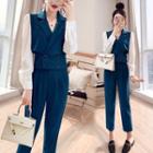 Set: Puff-sleeve Double-breasted Blouse + Straight Leg Pants
