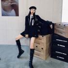 Set: Contrast Trim Blazer + Mini A-line Pleated Skirt